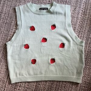 strawberry‎ sweater vest knit embroidered large crew neck whimsical artsy fairy